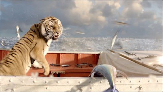 The glorious Bengal tiger, Richard Parker, reacting to the flying fish—courtesy Fox 2000