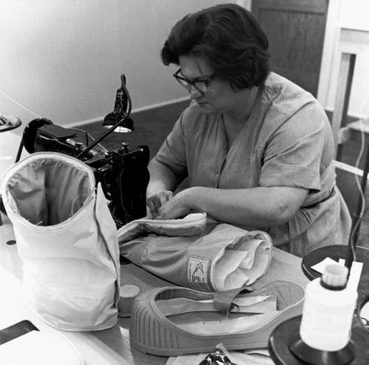 The lives of the astronauts depended upon the seamstresses at their sewing machines. Courtesy ILC Dover, LP