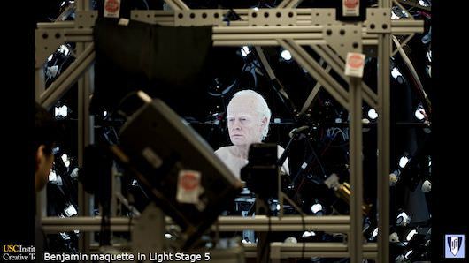 Brad Pitt's head as an elderly Benjamin Button, being digitized it’s 3D geometry.