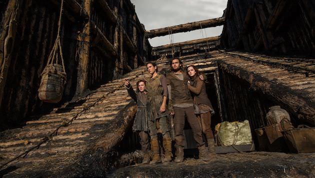 (Left to right) Leo McHugh Carroll is Japheth, Jennifer Connelly is Naameh, Douglas Booth is Shem and Emma Watson is Ila. The ramp leads animals to the three tiered ark, with mammals on the bottom, reptiles and insects in the middle, and birds on top. Courtesy Paramount Pictures.