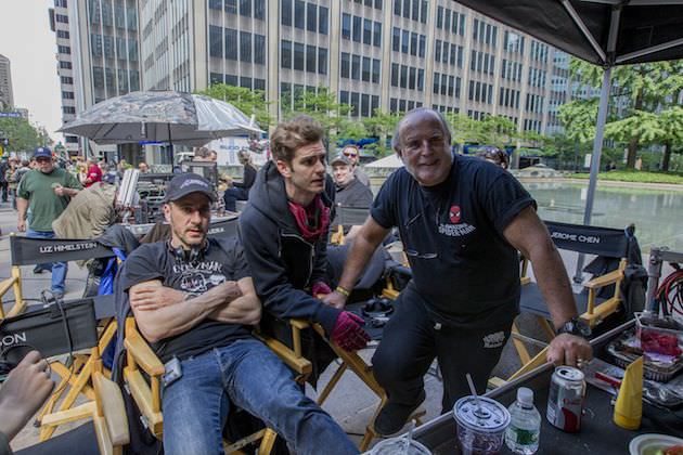 Matthew Tolmach, Andrew Garfield and Avi Arad on the set in New York City. Courtesy Sony Pictures.