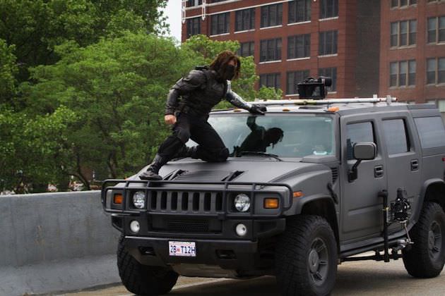 Sebastien Stan as the Winter Soldier, filming on Cleveland's Memorial Shoreway. Courtesy Walt Disney Pictures/Marvel. 