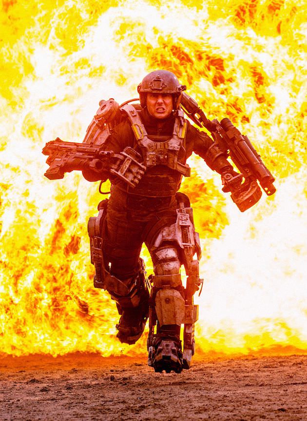 Tom Cruise as Cage, running in his heavy, and very real, ExoSuit.