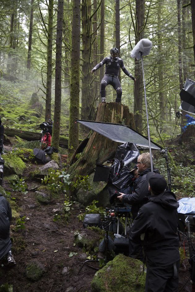 Caesar, portrayed by Andy Serkis in a performance capture suit, asserting his dominance in a rainforest near Vancouver. Courtesy 20th Century Fox.