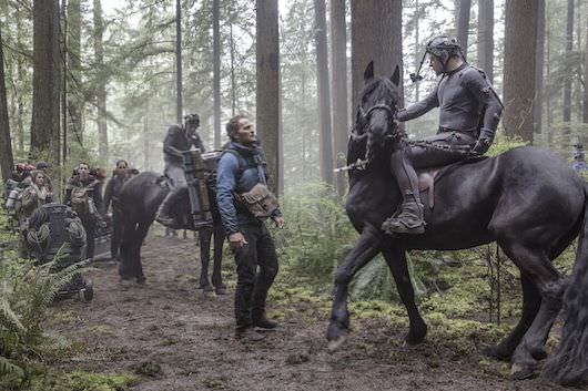 Jason Clarke and Andy Serkis (in performance capture shoot) film a scene in DAWN OF THE PLANET OF THE APES. Photo credit: David James.