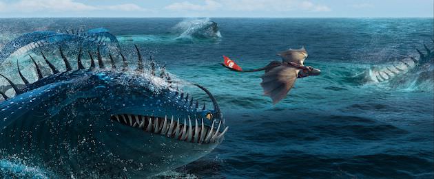 Hiccup and Toothless evade fearsome creature. Courtesy DreamWorks Animation and 20th Century Fox.