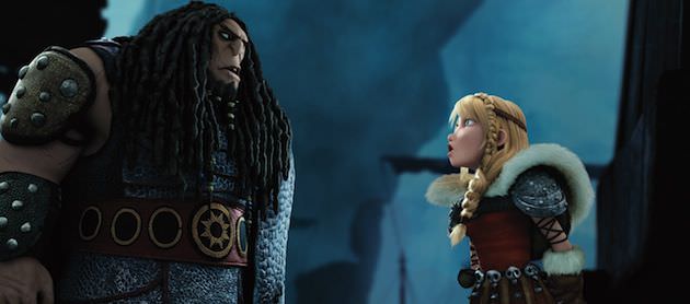 Astrid (America Ferrara), Hiccup's best human friend, confronts Drago (Djimon Hounsou). Courtesy DreamWorks Animation and 20th Century Fox.