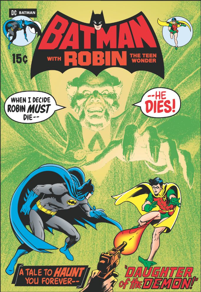 1973. Written by Neal Adam. The large green villain reaching for our heroes is Ra's al Ghul, embodied most recently by Liam Neeson in the Nolan films. Courtesy DC Comics. 