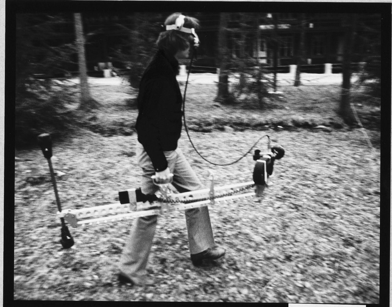 Brown with the earliest version of his steadicam. Courtesy Garrett Brown.