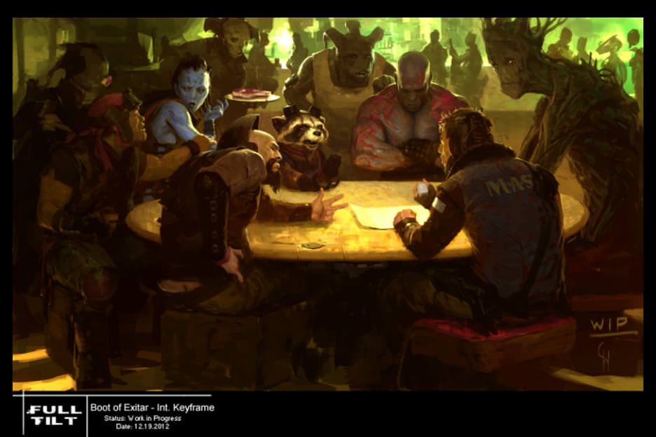 An illustration of the Guardians at the Boot of Jemiah, a bar in the mining colony of Knowhere. Courtesy Walt Disney Studios/Marvel Studios