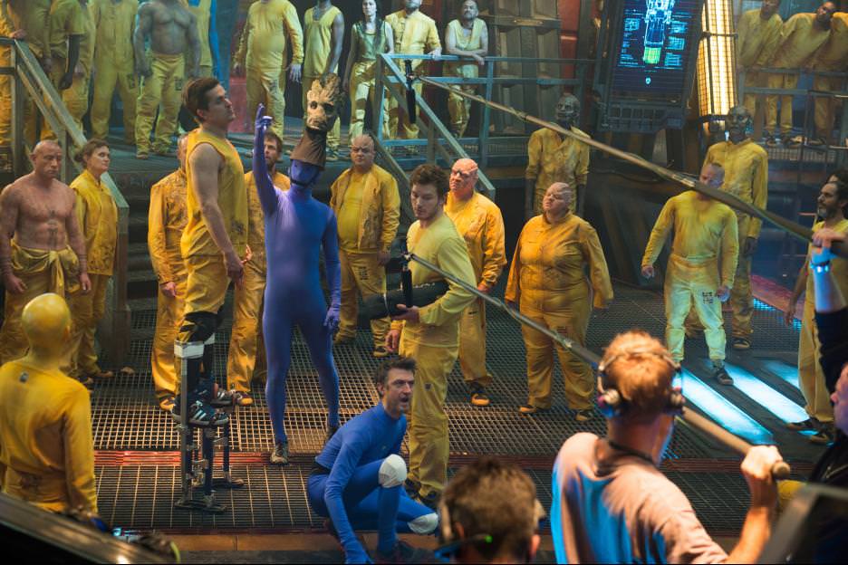 Shooting on the massive set of the space prison the Kyln. Courtesy Walt Disney Pictures/Marvel Entertainment.