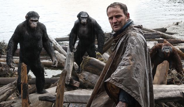 Malcolm (Jason Clarke) tries to make peace with Caesar (Serkis), Koba (Kebbell) and Maurice (Karin Konoval). Courtesy 20th Century Fox.