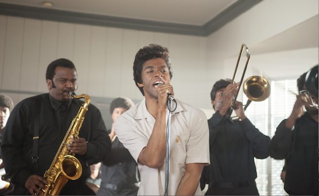 (L to R, foreground) Maceo Parker (Craig Robinson) and James Brown (Chadwick Boseman). Courtesy Universal Pictures. 