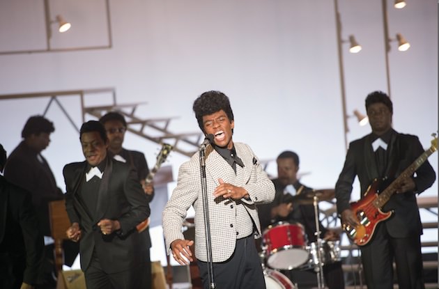 (L to R, foreground) Bobby Byrd (NELSAN ELLIS) and James Brown (CHADWICK BOSEMAN) perform on the T.A.M.I. show, right before The Rolling Stones would go on. Courtesy Universal Pictures. 