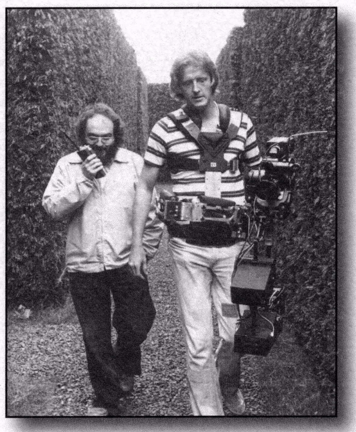 Director Stanely Kubrick (L) walks with Garrett Brown through the infamous labyrinth on the set of the 'The Shining.' Courtesy Garrett Brown