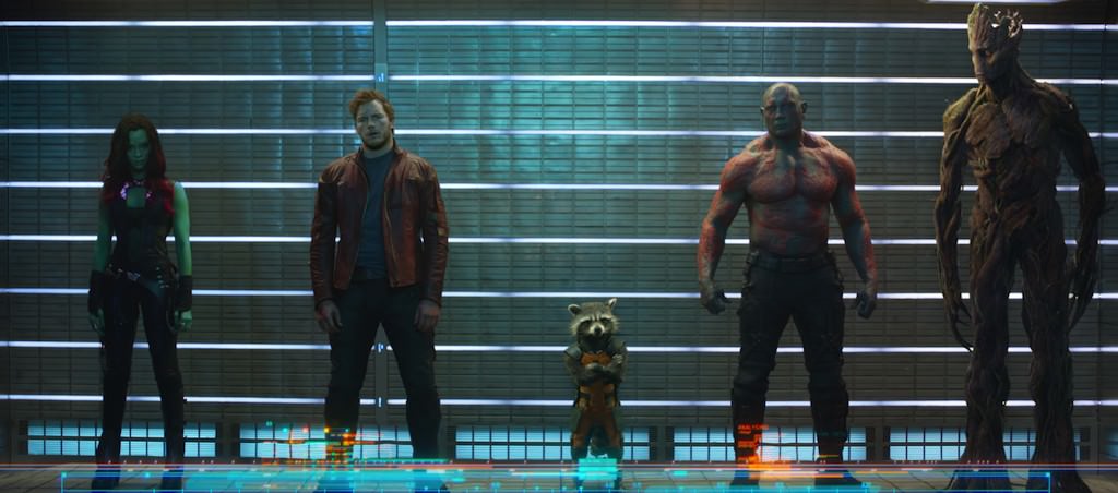 Marvel's Guardians Of The Galaxy..L to R: Gamora (Zoe Saldana), Peter Quill/Star-Lord (Chris Pratt), Rocket Raccoon (voiced by Bradley Cooper), Drax The Destroyer (Dave Bautista) and Groot (voiced by Vin Diesel)..Ph: Film Frame..©Marvel 2014