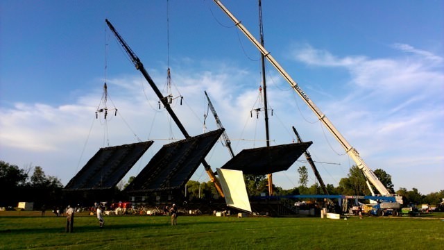 The cranes used to help block out the sun and filter the light onto the actors and scene. Courtesy Brian Pearson. 