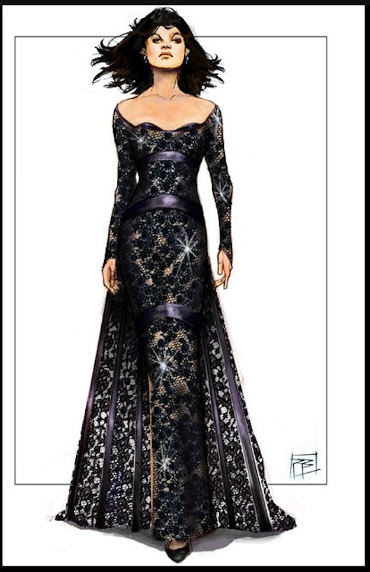 Illustration of evening dress worn by Marion Cotillard's character Mal by Phillip Boute Jr. Design by Jeffrey Kurland. 