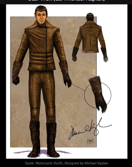 Spock's motorcycle outfit. Illustrated by Phillip Boutte Jr., designed by Michael Kaplan. 