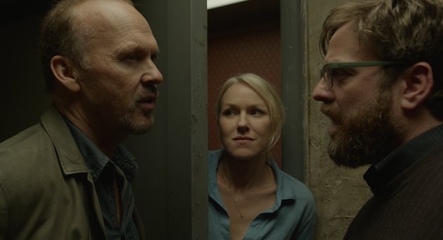 Michael Keaton as "Riggan," Naomi Watts as "Lesely" and Zach Galifianakis as "Jake" in BIRDMAN. Courtesy of Fox Searchlight Pictures. Copyright © 2014 Twentieth Century Fox