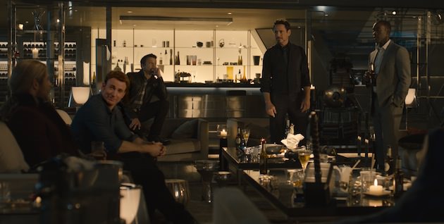 Thor (Chris Hemsworth), Steve Rogers/Captain America (Chris Evans), Clint Barton/Hawkeye (Jeremy Renner), Tony Stark/Iron Man (Robert Downey Jr.) and James "Rhodey" Rhodes/War Machine (Don Cheadle)