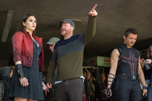 Marvel's Avengers: Age Of Ultron..Elizabeth Olsen (Scarlet Witch/Wanda Maximoff), Director Joss Whedon, and Jeremy Renner (Hawkeye) on set.