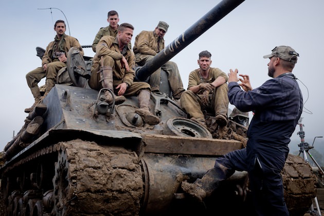 Shia LeBeouf, Logan Lerman, Brad Pitt, Michael Pena, Jon Bernthal with Director David Ayer on the set of Columbia Pictures' FURY.