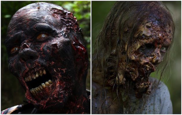 L-r: A burnt up walker from season 4 & a seriously decomposed walker from season 5. Which is more revolting? Courtesy AMC.