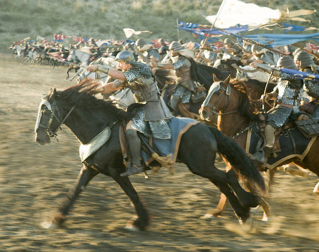 Christian Bale (on the horse in the foreground) as Moses leads the Egyptians into battle. Courtesy 20th Century Fox. 