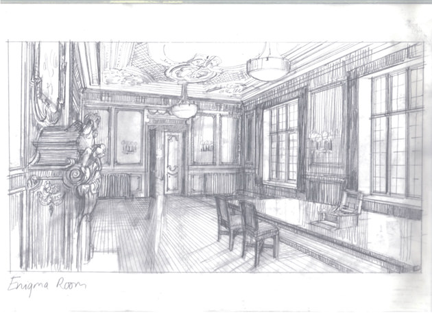 Djurkovic's sketch for the Enigma Room, where Alan Turing gets his first glimpse at one of Germany's Enigma machines, sitting on the center of the table. Courtesy The Weinstein Co.