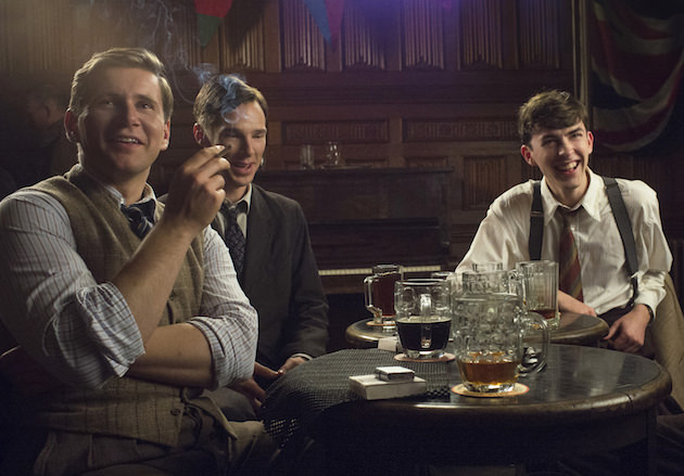 L-r: John Cairncross (Allen Leech), Alan Turing (Benedict Cumberbatch) and Hugh Alexander (Matthew Beard) in the beer hut. Courtesy The Weinstein Co.