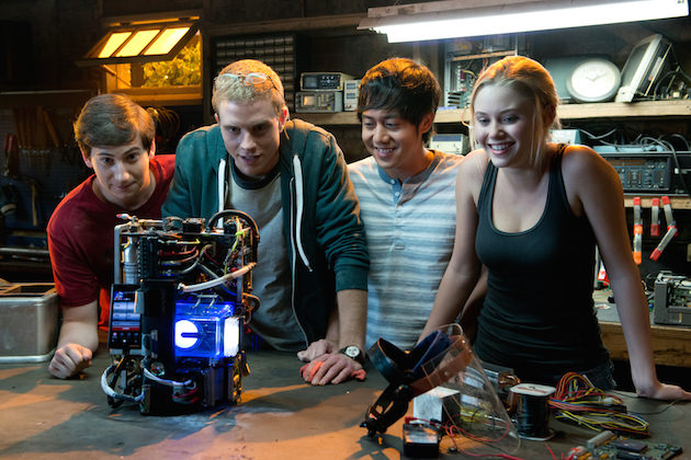 Left to right: Sam Lerner is Quinn Goldberg, Jonny Weston is David Raskin, Allen Evangelista is Adam Le, and Virginia Gardner is Christina Raskin in PROJECT ALMANAC, from Insurge Pictures, in association with Michael Bay. AL-09918