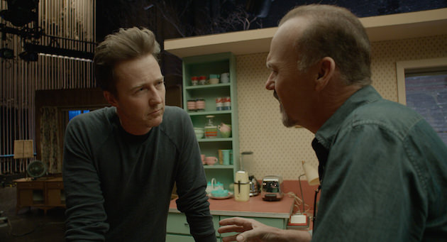 Ed Norton is theater actor hot shot Mike Shiner, discussing Riggan's adaptation of Raymond Carver on the stage at the St. James theater. Courtesy Fox Searchlight Pictures. 