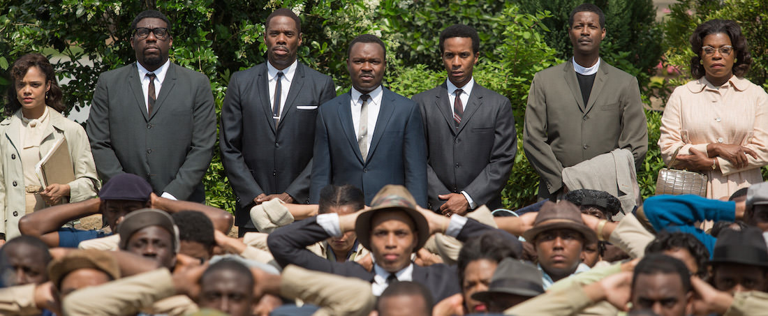 Background left to right: Tessa Thompson plays Diane Nash, Omar Dorsey plays James Orange, Colman Domingo plays Ralph Abernathy, David Oyelowo plays Martin Luther King, Jr., André Holland plays Andrew Young, Corey Reynolds plays Rev. C.T. Vivian, and Lorraine Toussaint plays Amelia Boynton in SELMA, from Paramount Pictures and Pathé.