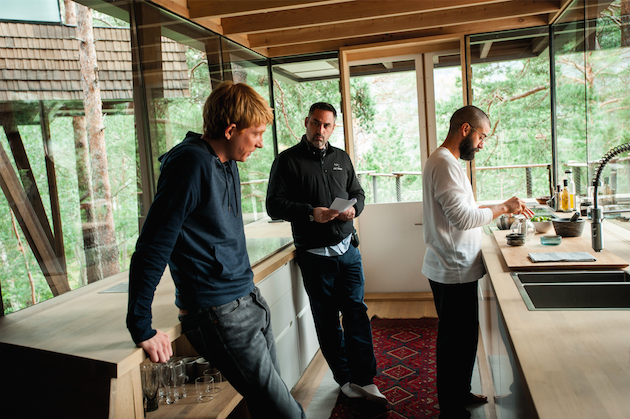 Gleeson, Gardland and Isaac on set in Norway, which was then recreated back on a sound stage outside of London. Courtesy A24.