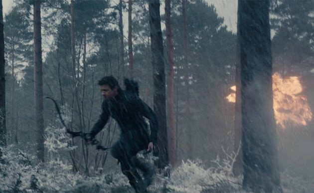 Hawkeye (Jeremy Renner) is part of the attack on the Hydra facility deep in the woods in the film's opening sequence. Courtesy Marvel Studios