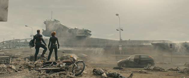 The S.H.I.E.L.D. Helicarrier, thought mothballed, comes back to help. This was a set primarily built for the first Avengers. Courtesy Marvel Studios.