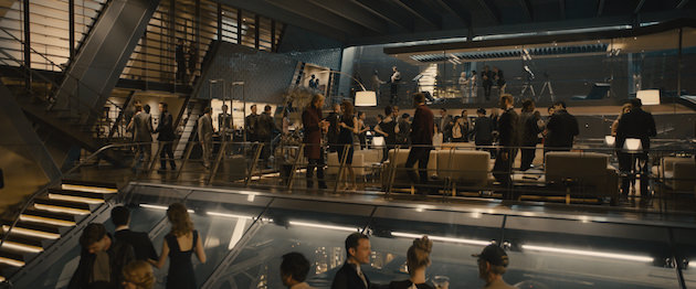 The Avengers host a party at the swank, technologically insane HQ, which was built at Shepperton Studios in the UK. Courtesy Marvel Studios