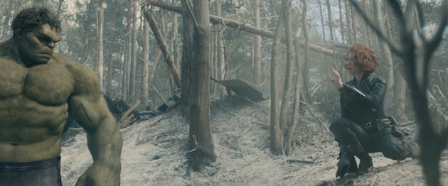  Hulk (Mark Ruffalo) and Black Widow (Scarlett Johansson) stand on what is actually paper snow.  Courtesy Marvel Studios.