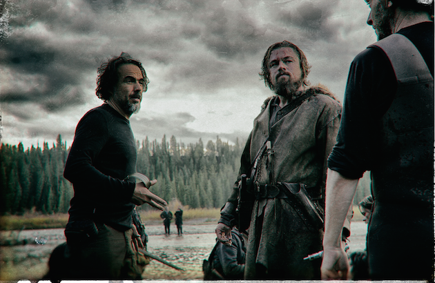 L-r: Alejandro González Iñárritu, Leonardo DiCaprio and Emmanuel Lubezki on the set of 'The Revenant.' Photo by Kimberely French. Courtesy 20th Century Fox.