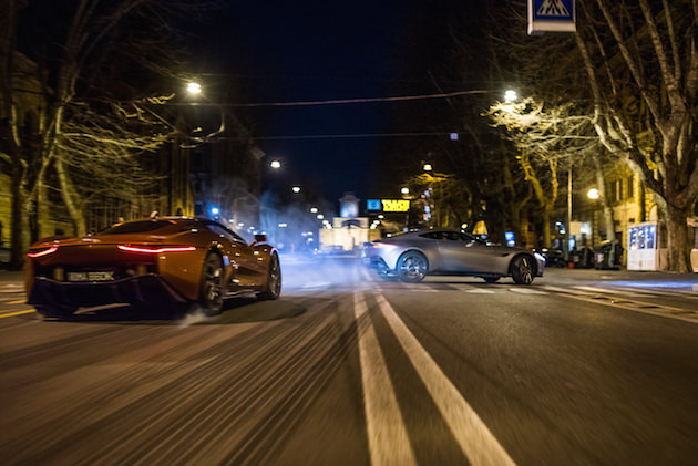 James and his DB10 and the henchmen Mr. Hinx's Jaguar C-X75