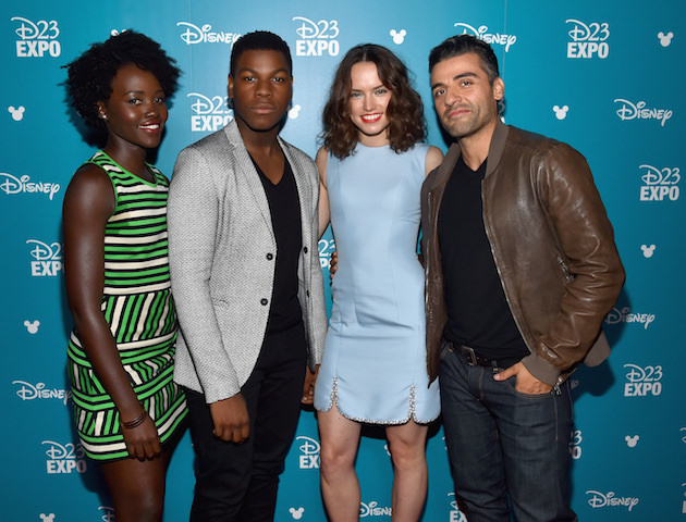 ANAHEIM, CA - AUGUST 15: (L-R) Actors Lupita Nyong'o, John Boyega, Daisy Ridley and Oscar Isaac of STAR WARS: THE FORCE AWAKENS took part today in "Worlds, Galaxies, and Universes: Live Action at The Walt Disney Studios" presentation at Disney's D23 EXPO 2015 in Anaheim, Calif. (Photo by Alberto E. Rodriguez/Getty Images for Disney) *** Local Caption *** Lupita Nyong'o; John Boyega; Daisy Ridley; Oscar Isaac