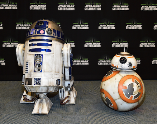 R2-D2 and BB-8 at the 'Star Wars: The Force Awakens' panel in Anaheim. Courtesy Walt Disney Pictures. 