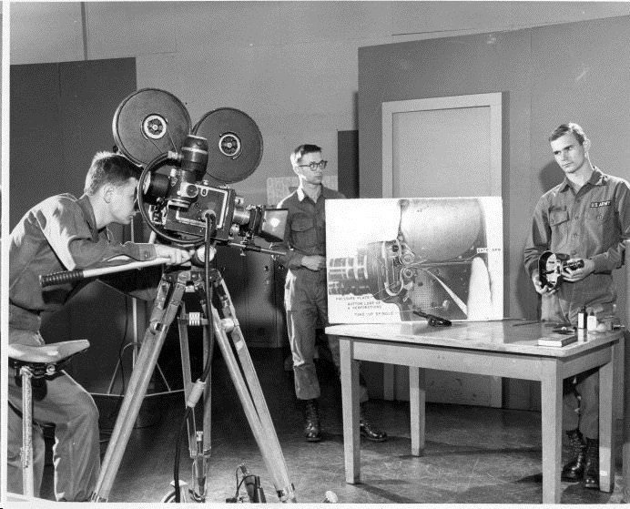 Ted Acheson using a 35mm camera at the Mitchell Training Film, APC, April May 1967. Courtesy Kaufman Studios.