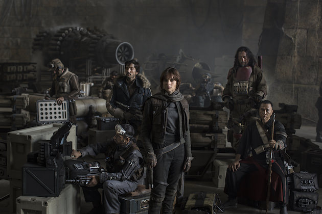 Star Wars: Rogue One L to R: Actors Riz Ahmed, Diego Luna, Felicity Jones, Jiang Wen and Donnie Yen  Photo Credit: Jonathan Olley  ©Lucasfilm 2016