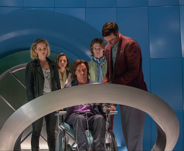 L-r: Jennifer Lawrence as Raven/Mystique, Rose Byrne as Moira MacTaggart, James McAvoy as Charles/Professor X, Lucas Till as Alex Summers/Havok and Nicholas Hoult as Hank McCoy/Beast. Photo by Alan Markfield. Courtesy 20th Century Fox