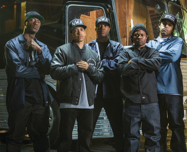 (L to R) MC Ren (ALDIS HODGE), DJ Yella (NEIL BROWN, JR.), Dr. Dre (COREY HAWKINS), Eazy-E (JASON MITCHELL) and Ice Cube (O'SHEA JACKSON, JR.) in "Straight Outta Compton". Taking us back to where it all began, the film tells the true story of how these cultural rebels—armed only with their lyrics, swagger, bravado and raw talent—stood up to the authorities that meant to keep them down and formed the world's most dangerous group, N.W.A. Photo by Jamie Trueblood. Courtesy Universal Pictures. 