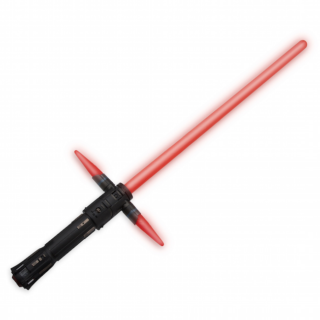 Kylo Ren Lightsaber - Star Wars: The Force Awakens. .Available at Disney Store.MSRP: $29.95.Available: September 4. .Step into the action of Star Wars: The Force Awakens when you wield our Kylo Ren Lightsaber featuring the mysterious villain's distinctive cross hilt blades, lights, motion-sensor sounds, battle-clash rumble and dueling effects.