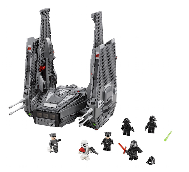 Enter the battle with Kylo Ren?s personal Command Shuttle! This fantastic, highly detailed starship has loads of features, including opening front, rear and bottom storage bays; wing-mounted, spring-loaded shooters and detachable tool racks. And when you?re ready for even more action, activate the amazing extending wing function! It?s time to hunt down the enemy and play out your own great scenes from Star Wars: The Force Awakens! Includes 6 minifigures with assorted accessories: Kylo Ren, General Hux, First Order Officer, 2 First Order Crew and a First Order Stormtrooper Officer.