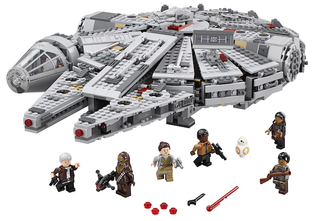 LEGO Star Wars Millenium Falcon..Licensee: LEGO.MSRP: $149.99.Available: September 4. .One of the most iconic starships of the Star Wars saga is back, and it?s leaner and meaner than ever before! As featured in exciting scenes from Star Wars: The Force Awakens, this latest LEGO? version of the Millennium Falcon is crammed with new and updated external features, including an even more streamlined and detailed design, detachable cockpit with space for 2 minifigures, rotating top and bottom laser turrets with hatch and space for a minifigure, dual spring-loaded tools, sensor dish, ramp and an entrance hatch. Open up the hull plates to reveal even more great new and updated details inside, including the main hold with seating area and holochess board, more detailed hyperdrive, secret compartment, extra boxes and cables, and storage for spring-loaded tool. And of course no LEGO Millennium Falcon model would be complete without Han Solo and Chewbacca, as well as other great characters from Star Wars: The Force Awakens. Activate the hyperdrive and set course for LEGO Star Wars fun! Includes 6 minifigures with assorted accessories: Rey, Finn, Han Solo, Chewbacca, Tasu Leech and a Kanjiklub Gang Member, plus a BB-8 Astromech Droid.